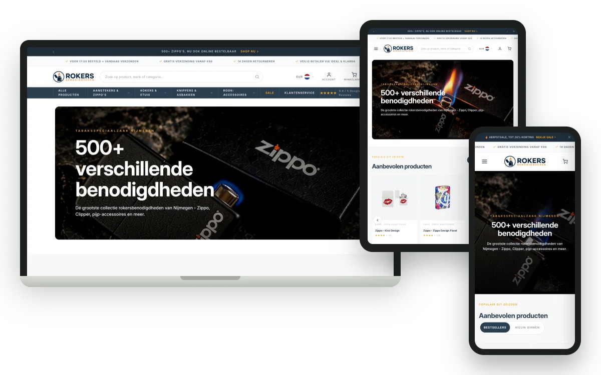 rokersbenodigdheden.com op laptop, tablet en telefoon