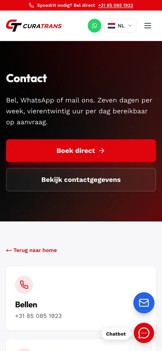 curatrans.nl, contactpagina met boekingsformulier op de telefoon