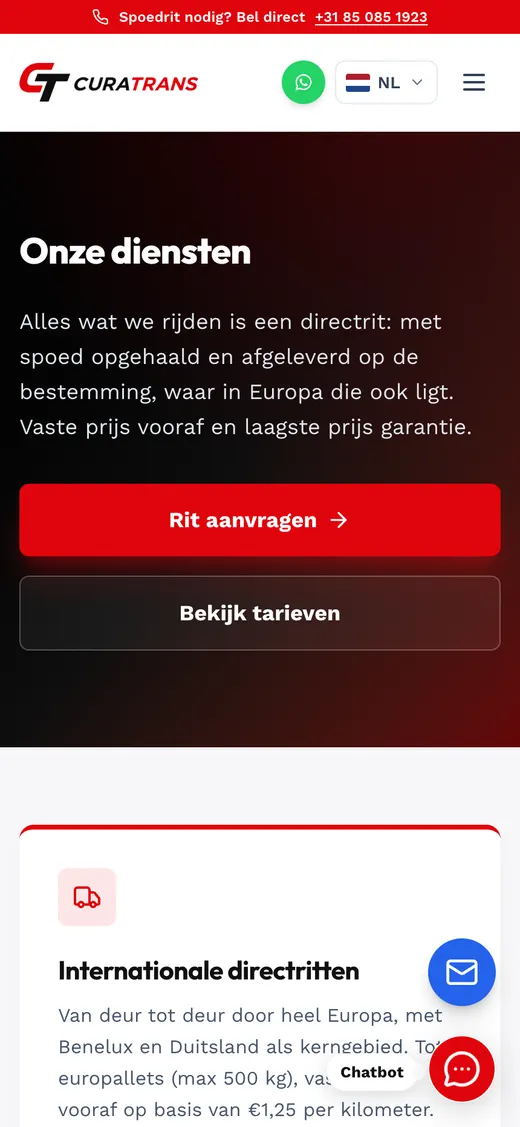 curatrans.nl, dienstenpagina op de telefoon