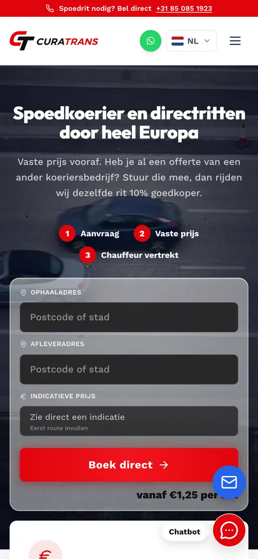 curatrans.nl, startpagina op de telefoon